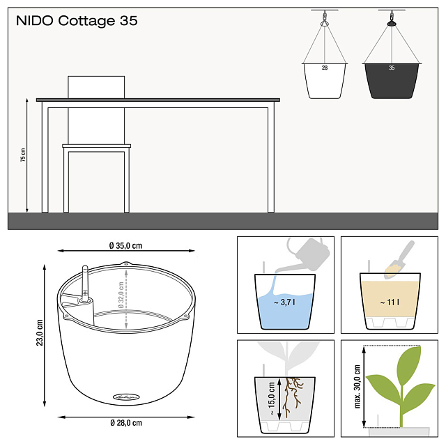 Кашпо с автополивом подвесное Lechuza Nido Cottage 35 Цвет: белый 