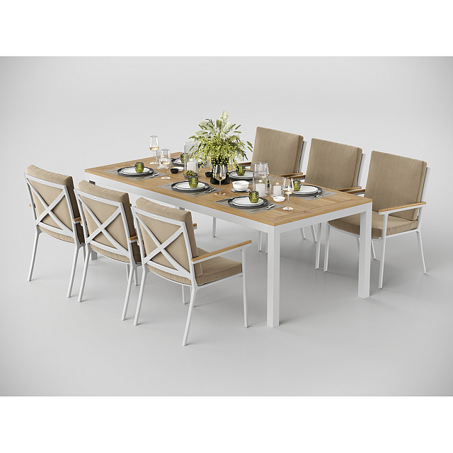 Обеденная зона Gardenini Premium Bella 220 Белый / Бежевый со стульями Calma S 