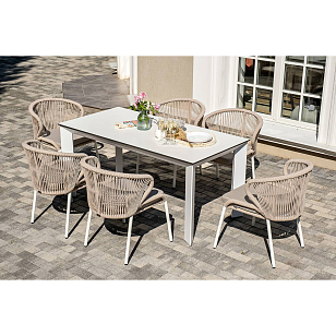 Обеденная группа 4SIS Венето 6-местная со стульями Милан, каркас белый, роуп бежевый для дачи Обеденная группа 4SIS Венето 6-местная со стульями Милан, каркас белый, роуп бежевый, садовая мебель