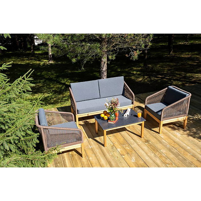 Лаунж-зона 4SIS Канны 4-местная со столиком Канны, основание "дуб", роуп коричневый, столешница "серый гранит" 