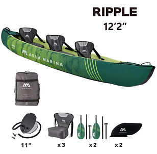 Каноэ надувное трехместное с веслами Aqua Marina Ripple-370 12'2" S22 для серфинга Каноэ надувное трехместное с веслами Aqua Marina Ripple-370 12'2" S22