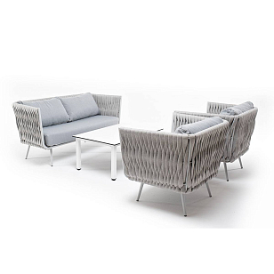 Лаунж-зона 4SIS Монако 4-местная со столом Верона (серый гранит), каркас светло-серый, роуп светло-серый для дачи Лаунж-зона 4SIS Монако 4-местная со столом Верона (серый гранит), каркас светло-серый, роуп светло-серый, садовая мебель