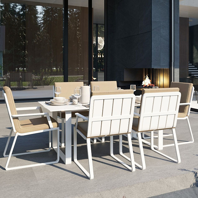 Обеденная зона Gardenini Voglie 180 Белый / Бежевый со стульями Voglie Armrest 