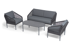 Лаунж-зона 4SIS Канны 4-местная со столиком Диего, цвет "серый гранит", роуп темно-серый, ткань темно-серая, садовая мебель
