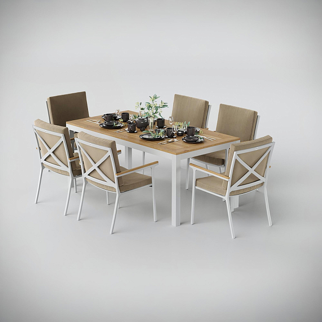 Обеденная зона Gardenini Premium Bella 180 Белый / Бежевый со стульями Calma S 