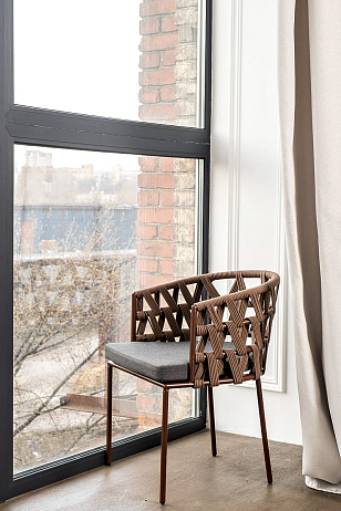 Стул 4SIS Диего из роупа, каркас коричневый (RAL8016) муар, роуп коричневый, ткань серая, садовая мебель