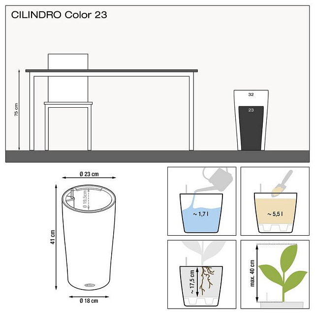Кашпо с автополивом Lechuza Cilindro Color 23 Цвет: бежевый 