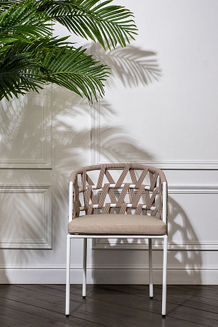 Стул 4SIS Диего из роупа, каркас белый муар, роуп бежевый, ткань бежевая 15052, садовая мебель