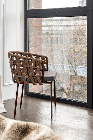 Стул 4SIS Диего из роупа, каркас коричневый (RAL8016) муар, роуп коричневый, ткань серая, садовая мебель