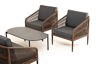 Лаунж-зона 4SIS Канны 4-местная со столом Верона, каркас коричневый, роуп коричневый, столешница серый гранит, садовая мебель