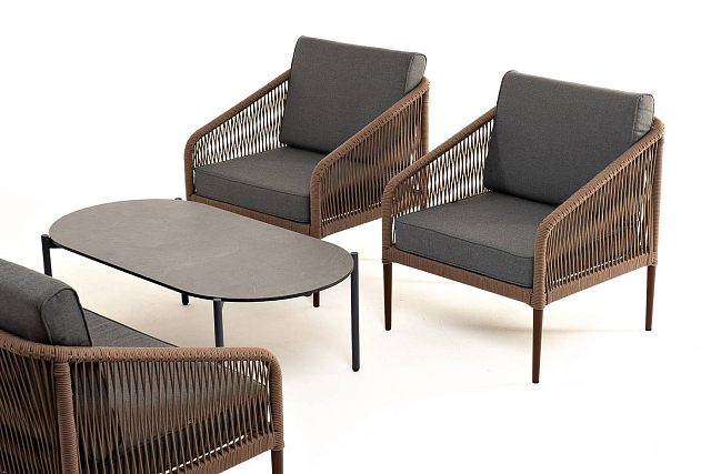 Лаунж-зона 4SIS Канны 4-местная со столом Верона, каркас коричневый, роуп коричневый, столешница серый гранит 