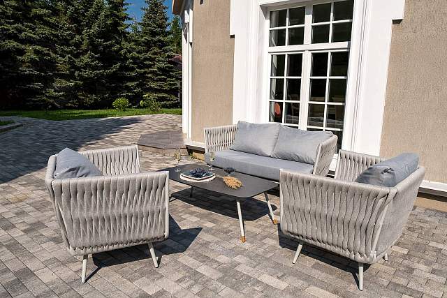 Лаунж-зона 4SIS Монако 4-местная со столом Верона (серый гранит), каркас светло-серый, роуп светло-серый 