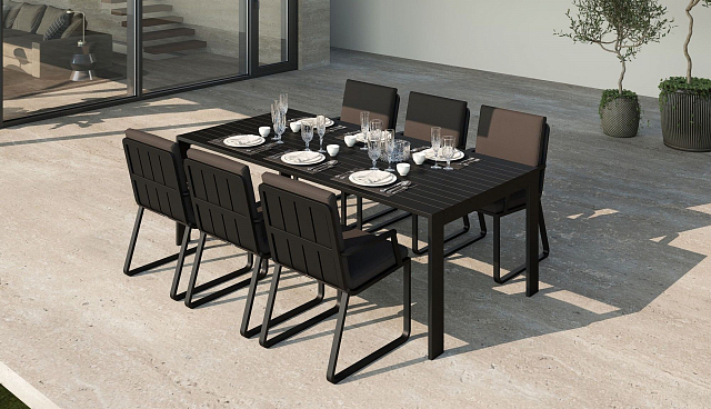 Обеденная зона Gardenini Malia 180 Карбон / Антрацит со стульями Voglie Armrest 