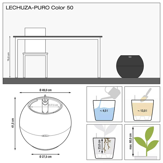 Кашпо с автополивом Lechuza Puro Color 50 Цвет: серый 