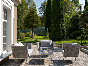 Лаунж-зона 4SIS Монако 4-местная со столом Верона (серый гранит), каркас светло-серый, роуп светло-серый для дачи Лаунж-зона 4SIS Монако 4-местная со столом Верона (серый гранит), каркас светло-серый, роуп светло-серый, садовая мебель