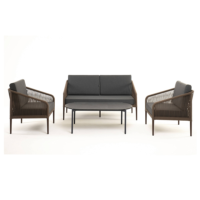 Лаунж-зона 4SIS Канны 4-местная со столом Верона, каркас коричневый, роуп коричневый, столешница серый гранит 