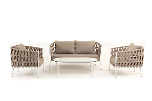 Лаунж-зона 4SIS Диего 4-местная, каркас алюминиевый белый, роуп бежевый, садовая мебель