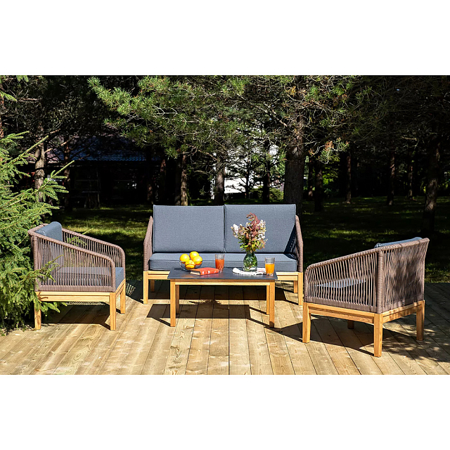 Лаунж-зона 4SIS Канны 4-местная со столиком Канны, основание "дуб", роуп коричневый, столешница "серый гранит" 