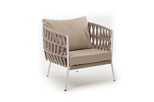 Кресло 4SIS Диего Каркас белый муар, роуп бежевый круглый, ткань бежевая 035, садовая мебель