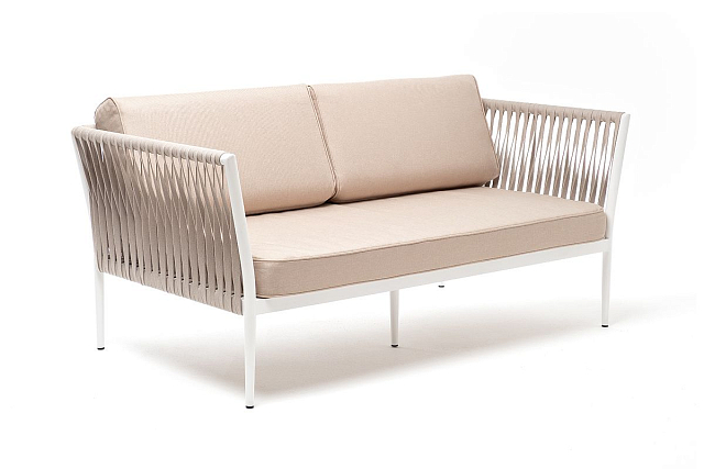 Диван 4SIS Касабланка 2-местный из роупа, каркас алюминий светло-серый (RAL7035) муар, роуп серо-коричневый 23мм, ткань бежевая 052 