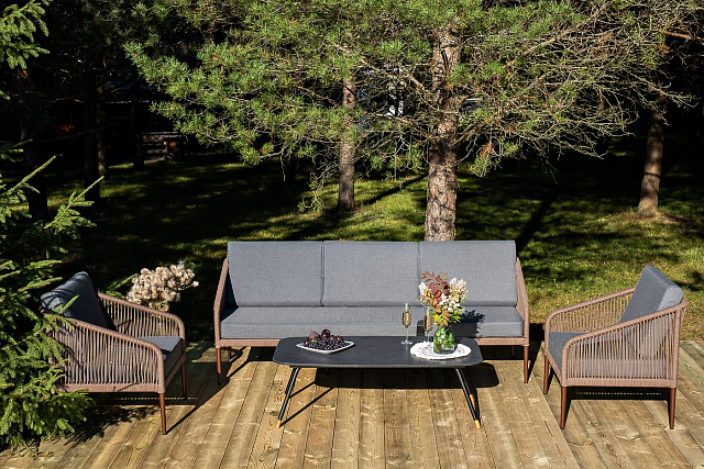 Лаунж-зона 4SIS Канны 5-местная из роупа со столом Верона (серый гранит), каркас коричневый, роуп коричневый 