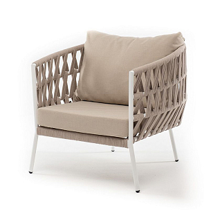 Кресло 4SIS Диего Каркас белый муар, роуп бежевый круглый, ткань бежевая 035, садовая мебель