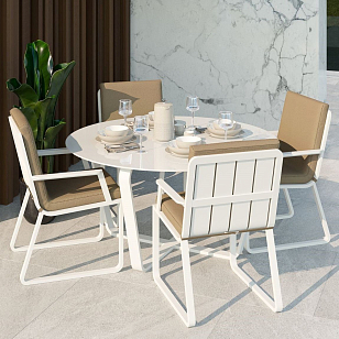 Обеденная зона Gardenini Primavera Белый / Бежевый с стульями Voglie Armrest, садовая мебель