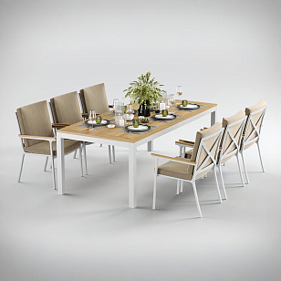 Обеденная зона Gardenini Premium Bella 220 Белый / Бежевый со стульями Calma S для дачи Обеденная зона Gardenini Premium Bella 220 Белый / Бежевый со стульями Calma S, садовая мебель