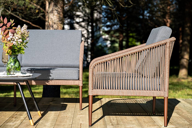 Лаунж-зона 4SIS Канны 5-местная из роупа со столом Верона (серый гранит), каркас коричневый, роуп коричневый 