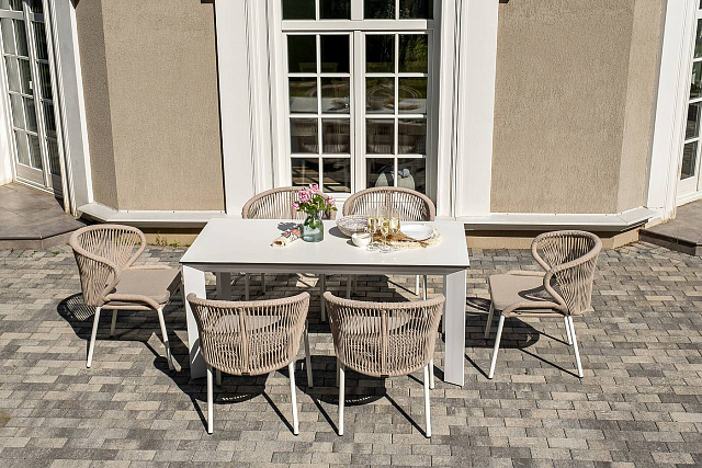 Обеденная группа 4SIS Венето 6-местная со стульями Милан, каркас белый, роуп бежевый 