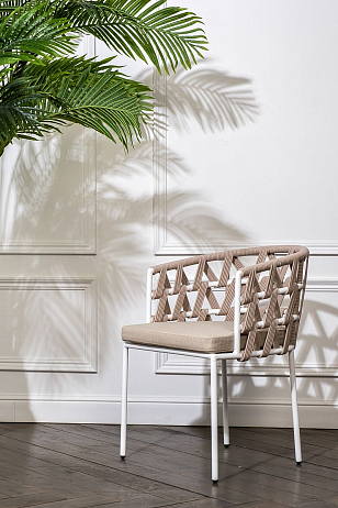 Стул 4SIS Диего из роупа, каркас белый муар, роуп бежевый, ткань бежевая 15052, садовая мебель