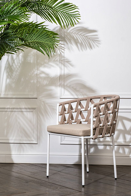 Стул 4SIS Диего из роупа, каркас белый муар, роуп бежевый, ткань бежевая 15052 