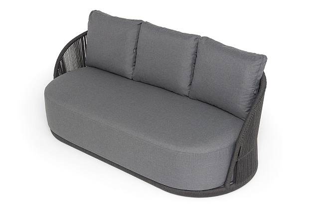 Диван 4SIS Монтелла 3-местный из роупа, каркас алюминий темно-серый (RAL7024) муар, роуп темно-серый круглый, ткань темно-серая 027 