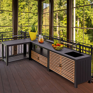 Модульная летняя кухня Brafab Bellac угловая с ручками из тика для приготовления пищи Модульная летняя кухня Brafab Bellac угловая с ручками из тика для сада