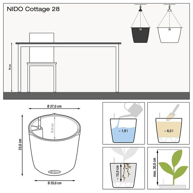 Кашпо с автополивом Lechuza Nido Cottage 28 Цвет: графитово-черный 