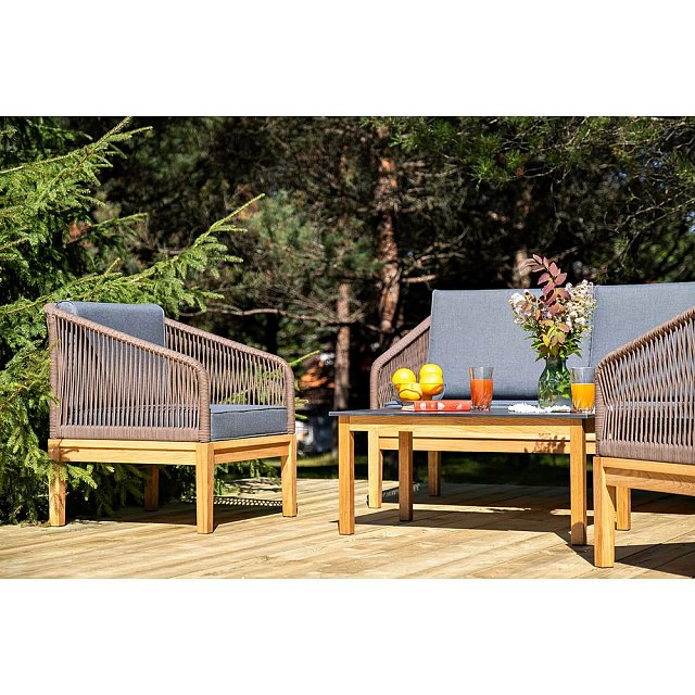 Лаунж-зона 4SIS Канны 4-местная со столиком Канны, основание "дуб", роуп коричневый, столешница "серый гранит" 