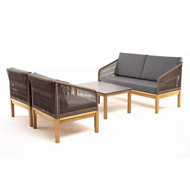 Лаунж-зона 4SIS Канны 4-местная со столиком Канны, основание "дуб", роуп коричневый, столешница "серый гранит" 