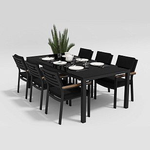 Обеденная зона Gardenini Calma 200 Карбон / Черный со стульями Bella, садовая мебель