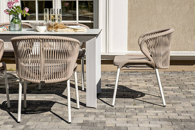 Обеденная группа 4SIS Венето 6-местная со стульями Милан, каркас белый, роуп бежевый 