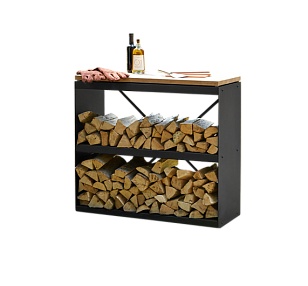 Поленница двухъярусная OFYR черная с деревянной столешницей для сада