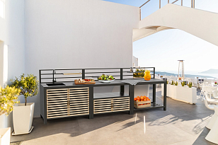 Модульная летняя кухня Brafab Bellac прямая с ручками из тика для приготовления пищи Модульная летняя кухня Brafab Bellac прямая с ручками из тика для сада