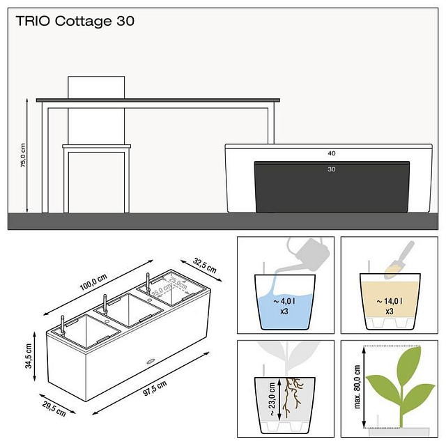 Кашпо с автополивом Lechuza Trio Cottage 30 Цвет: графитовый черный 