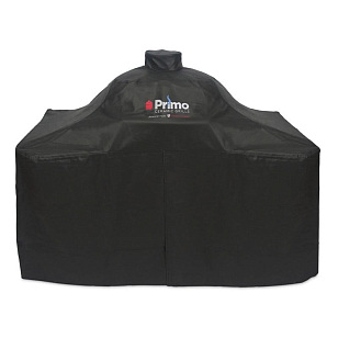 Чехол для гриля Primo Oval XL на большом деревянном столе для сада