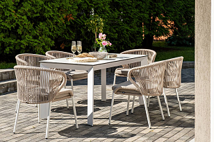 Обеденная группа 4SIS Венето 6-местная со стульями Милан, каркас белый, роуп бежевый для дачи Обеденная группа 4SIS Венето 6-местная со стульями Милан, каркас белый, роуп бежевый, садовая мебель