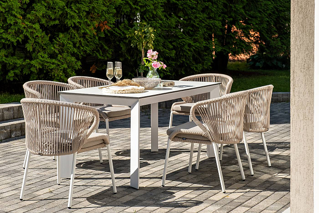 Обеденная группа 4SIS Венето 6-местная со стульями Милан, каркас белый, роуп бежевый 