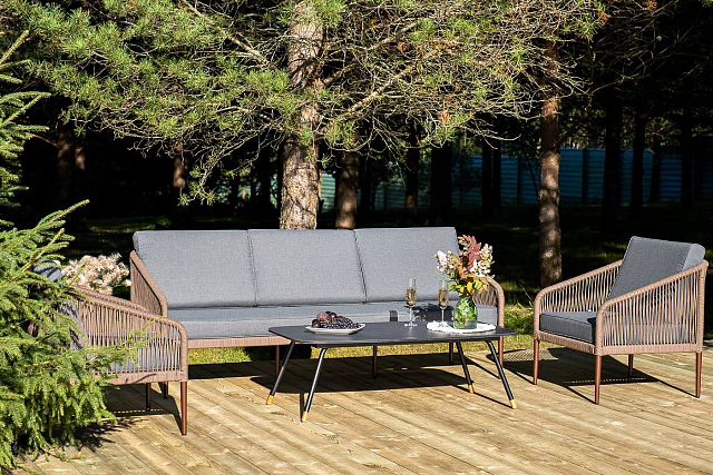 Лаунж-зона 4SIS Канны 5-местная из роупа со столом Верона (серый гранит), каркас коричневый, роуп коричневый 