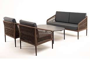 Лаунж-зона 4SIS Канны 4-местная со столом Верона, каркас коричневый, роуп коричневый, столешница серый гранит, садовая мебель