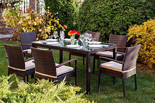 Обеденная группа Joygarden Milano коричневый на 6 персон с подлокотниками для дачи Обеденная группа Joygarden Milano коричневый на 6 персон с подлокотниками, садовая мебель
